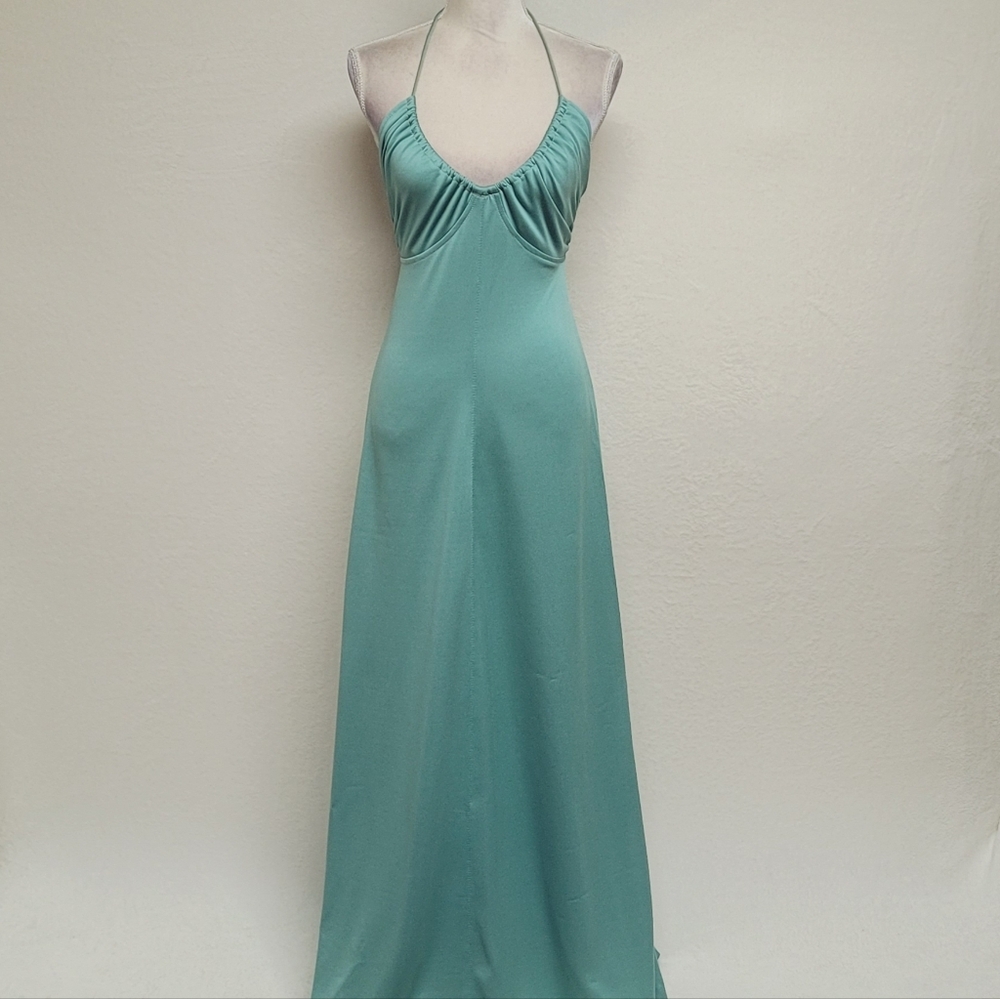 Infinity Vintage 60s Seafoam Green Stretchy Fabric Low Back Halter Maxi Dress - Picture 2 of 11